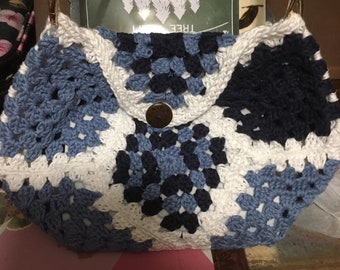 Blue-White-Light Blue- Granny Square Shoulder Bag