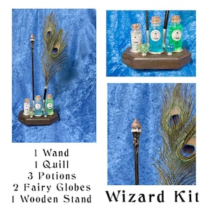May include: A wizard kit with a wand, quill, three potion bottles, two fairy globes, and a wooden stand. The kit includes a peacock feather. The text "Wizard Kit" is displayed in a stylized font.