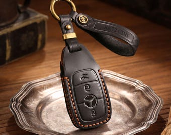 Personalized Leather Key Fob Cover Fit for Mercedes C E S Class GLA GLB E300L C200L C260L, Handmade Car Key Case, Birthday Gift for Him
