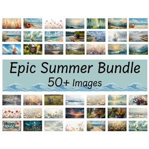 Könnte beinhalten: Eine Sammlung von über 50 Bildern zum Thema Sommer, die verschiedene Landschaften, Seestücke und Blumenarrangements zeigen. Die Bilder werden in einem Raster angezeigt, mit einem Banner mit der Aufschrift "Epic Summer Bundle" und "50+ Images". Die Farbpalette ist weich und einladend.