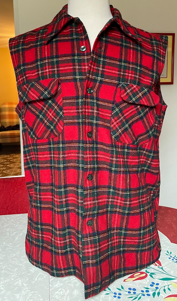 Vintage Sleeveless Pendleton Red Plaid Flannel - … - image 1
