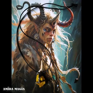 May include: A black cord necklace featuring a raw yellow crystal pendant, displayed over a fantasy-themed illustration of a horned figure with long blonde hair, pointed ears, and tribal markings. The image includes the text AMIRA MAGIA.
