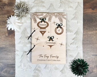 Personalized Wooden and Velvet Christmas Card or Photo Album: Season of Greetings Ornaments