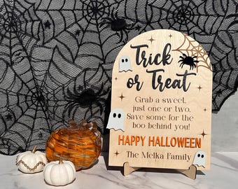 Personalized Halloween Trick or Treat Sign: Baltic Birch Wood, Spiders & Ghosts