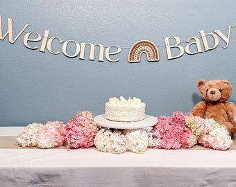 Welcome Baby Banner with Rainbow: Wood Baby Shower Decor
