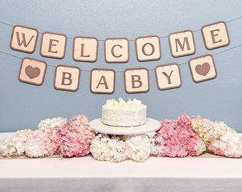 Walnut Wood Welcome Baby Banner: Modern Baby Shower Decor