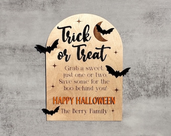 Personalized Halloween Trick or Treat Sign: Baltic Birch Wood with Bats