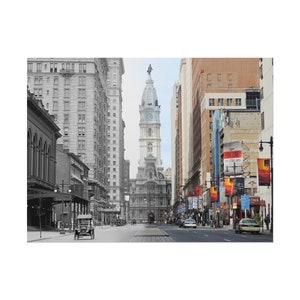 May include: A split image showing a black and white photo of a city street in Philadelphia, Pennsylvania, with the iconic City Hall building in the background. The right side of the image shows the same street in color, with modern cars and street signs.