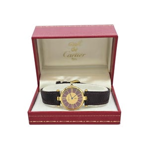 Vintage Must de Cartier Vendôme Armbanduhr 590003 | Bordeaux Zifferblatt | Gold Vermeil | Eidechsengurt | Schweizer Quarz | Damen Unisex Uhr