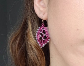 Swarovski Crystal Beaded Leaf Earrings | Pink Beaded Floral Earrings | Raspberry Pink Crystal Leaf Earrings