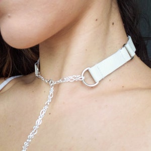 White Leather Choker | Sterling Silver Chain Necklace | Silver Choker | Leather Choker | Chain Choker | Statement Necklace