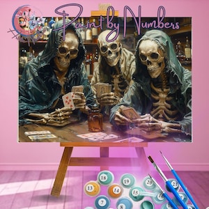 Skelet speelkaarten schilderij kit, DIY schilderen op nummer kit, schilderen op nummer, kleuren op nummer voor volwassenen, Halloween schedelskelet