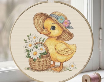 Ente Kreuzstichmuster, Küken mit Blumen, Frühlings-Kinderzimmer-Stickerei-Design-Dekor