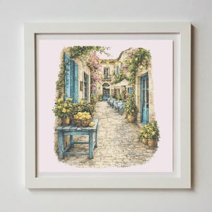 Mediterranean Street Cross Stitch Pattern, Italian Courtyard Lemon Design (PDF Download)