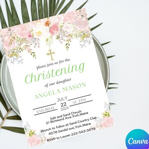 Modelo de convite de batismo, arco de flores rosa rústicas, editável, cartão de convite de batismo rosa, convite para impressão, modelo para download INSTANTÂNEO