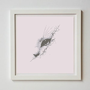 Könnte beinhalten: Gerahmter Kunstdruck mit einer detaillierten, graustufigen Illustration eines Katzenkopfes. Das Kunstwerk besteht aus kleinen Punkten, die einen texturierten Effekt erzeugen. Das Auge und die Nase der Katze sind sichtbar, vor einem hellrosa Hintergrund.