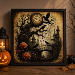 Vintage Crow Clock Witch Broom Cross Stitch Pattern, Gothic Halloween Embroidery (PDF)