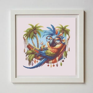 Colorful Parrot Cross Stitch Pattern, Tropical Bird Embroidery Design (Digital Download)