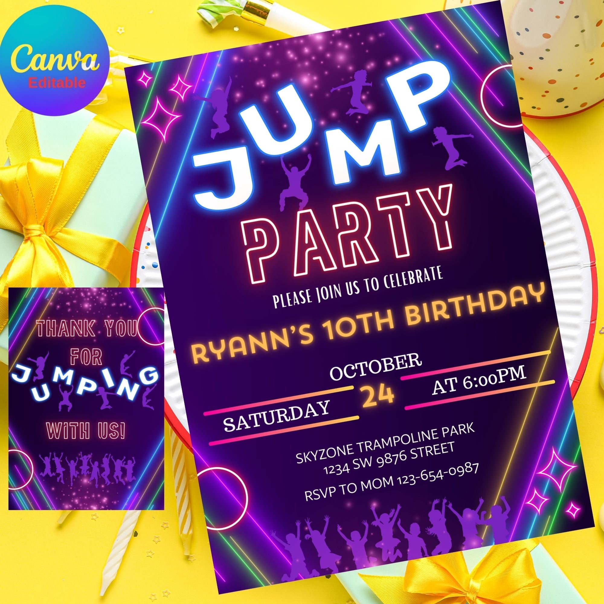SELF EDITABLE Trampoline Park Birthday Invitation, Trampoline ...