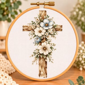 Padrão de ponto cruz floral, bordado religioso cristão (download digital)
