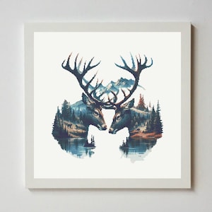 May include: A square framed cross-stitch pattern featuring two deer facing each other. The deer silhouettes are filled with a landscape of blue mountains, dark green pine forests, and a reflective lake. The design uses a pixelated aesthetic.