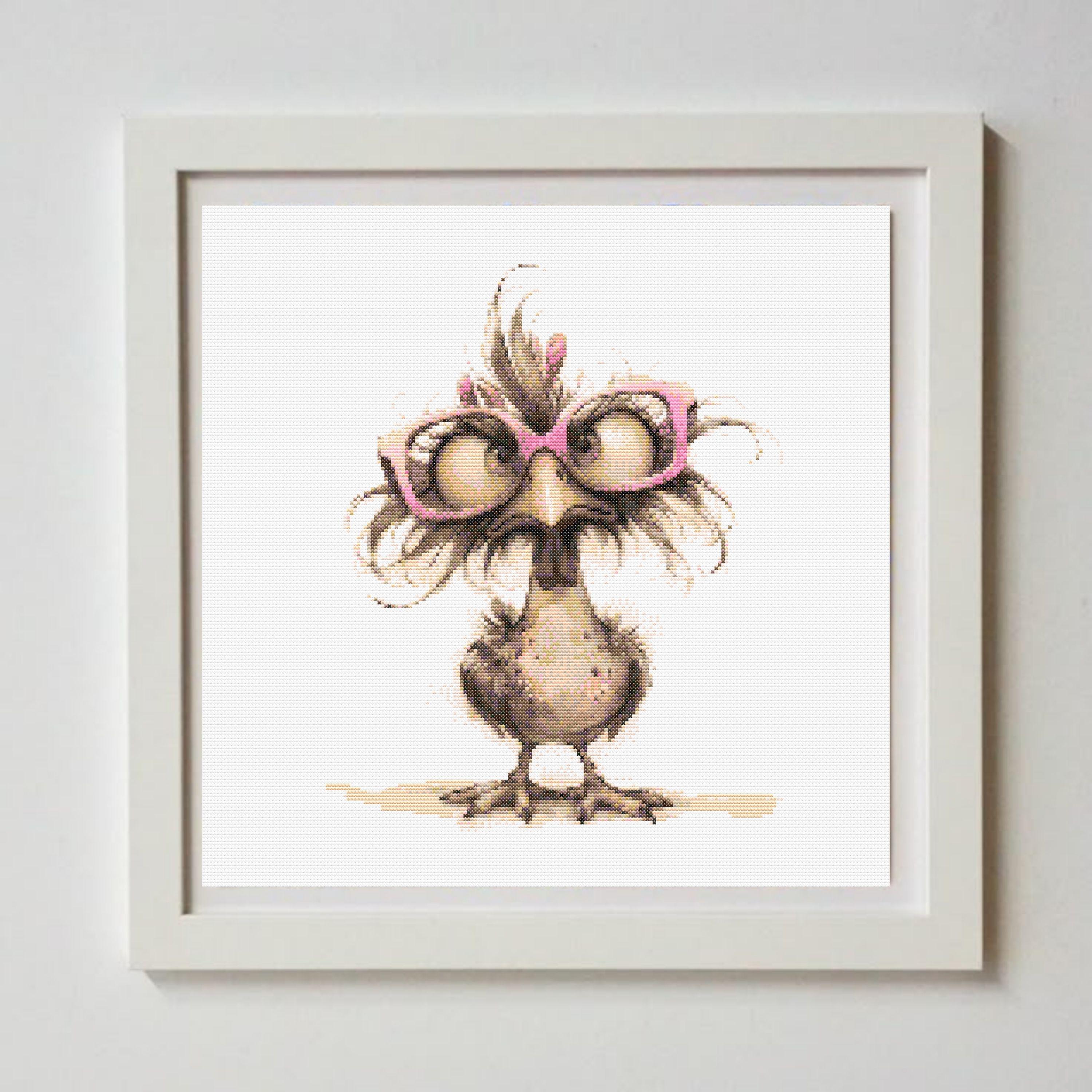 Funny Owl Cross Stitch Pattern, Nerd Bird With Glasses, Whimsical Animal Art (PDF)
