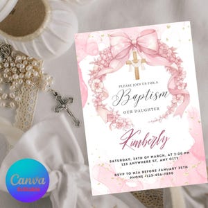 Modelo de convite de batismo, arco de flores rosa rústicas, editável, cartão de convite de batismo rosa, convite para impressão, modelo para download INSTANTÂNEO