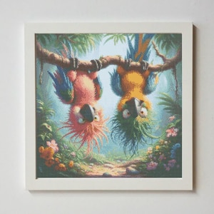 May include: A framed artwork featuring two colorful parrots hanging upside down from a tree branch. One parrot is pink and blue, the other is yellow and green. The background depicts a lush jungle scene with flowers and foliage.