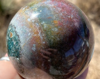 Ocean Jasper Sphere large pink and green 2 1/4 inches with flower agate stand