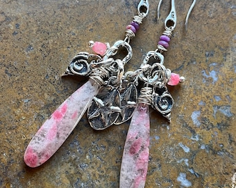 Sterling Silver Pink Tourmaline Star Heart artisan earrings