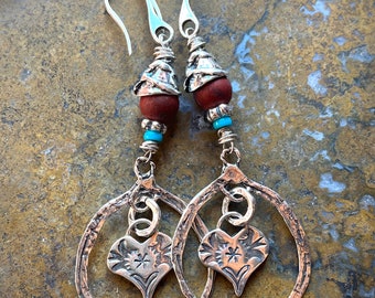 Sterling Silver Southwest Hearts Jasper and turquoise artisan earrings