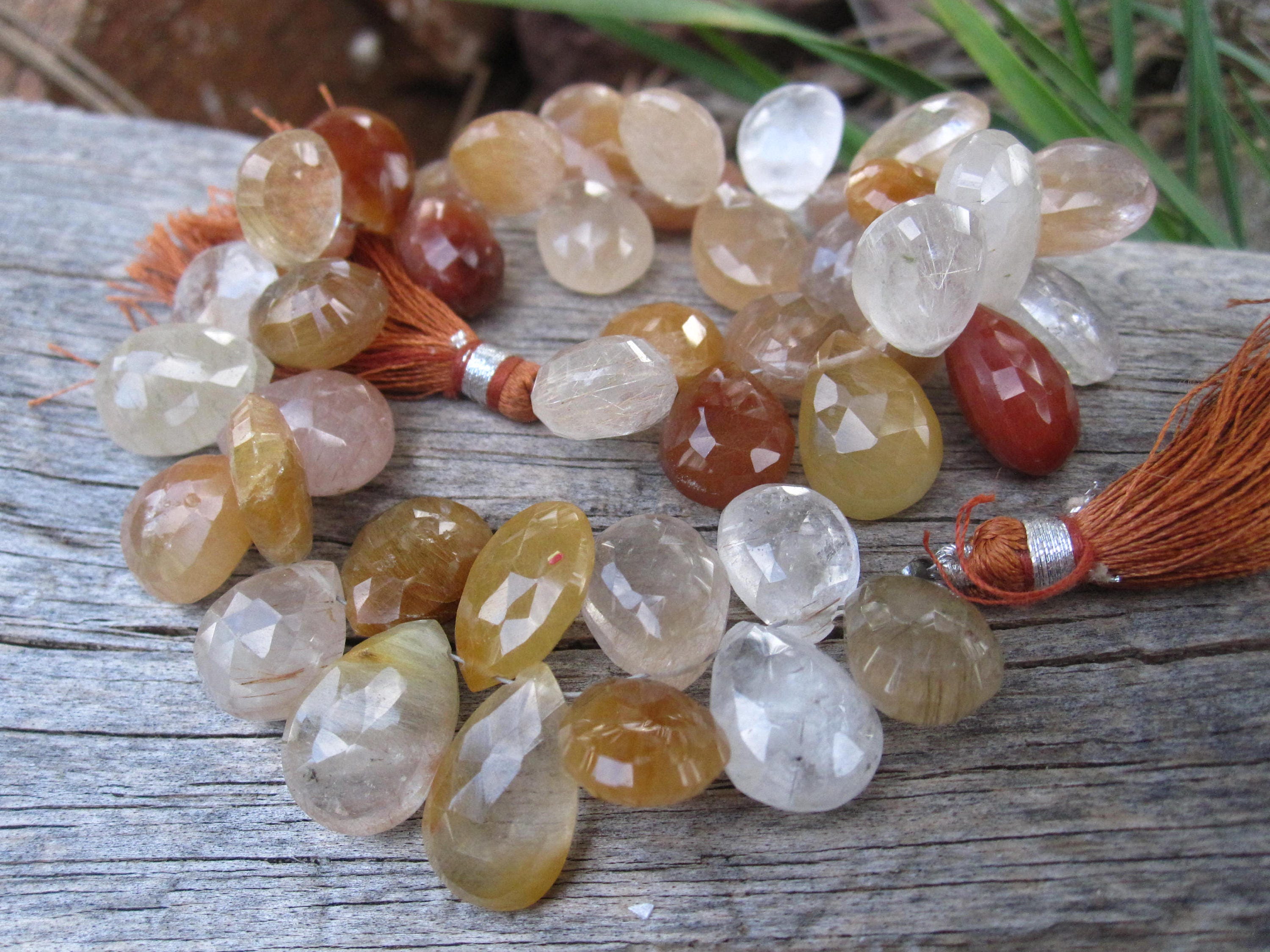 Copper Rutilated Quartz beads full strand faceted teardrops top drilled