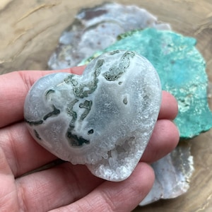 Moss Agate Heart polished palm stone natural crystal stone