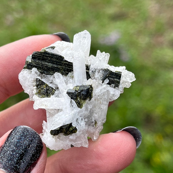 Epidote in quartz cluster fairy dust secondary growth mineral specimen natural stone