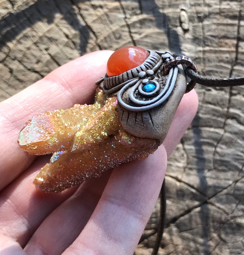 Clay Sunset Aura Spirit Quartz Cluster and Carnelian Necklace Woodland Fairy Hippie Boho Chic Shaman Pixie Earthy