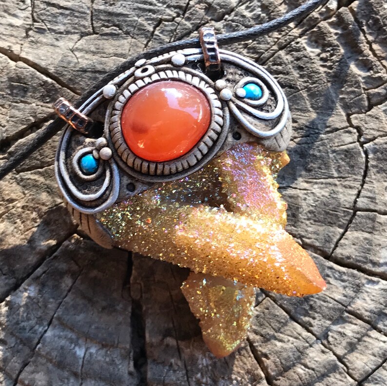 Clay Sunset Aura Spirit Quartz Cluster and Carnelian Necklace Woodland Fairy Hippie Boho Chic Shaman Pixie Earthy