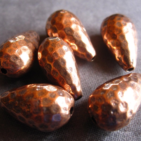 2 Copper Hammered Bead Drops - 14mm X 8mm - Drilled Vertically