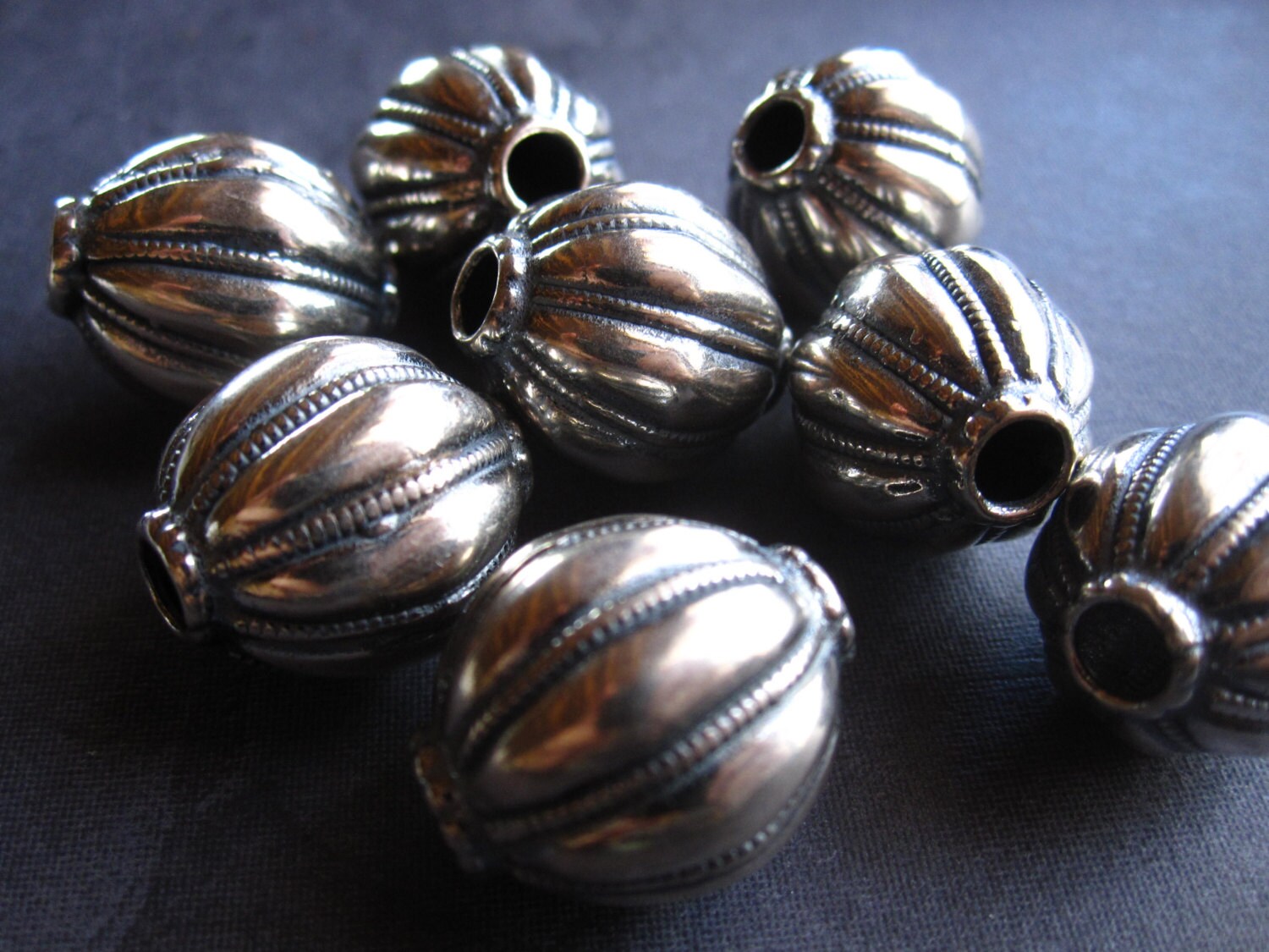 Solid Sterling Silver focal beads - 19mm X 15mm - melon carved