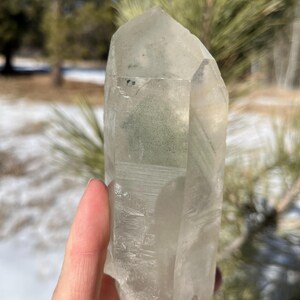 May include: A clear quartz crystal point with internal inclusions and a natural, rough texture. The crystal is held up against a blurred outdoor background with trees and snow. The crystal is a pale, translucent color.