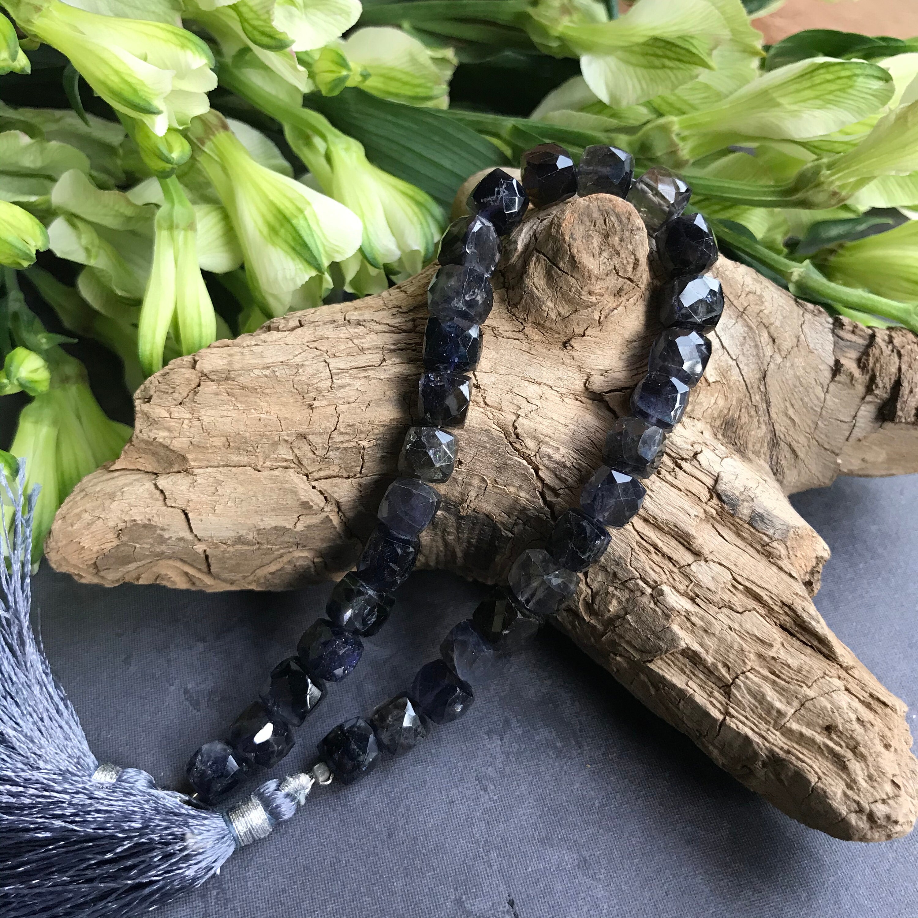 Iolite beads natural gemstones faceted cubes full strand