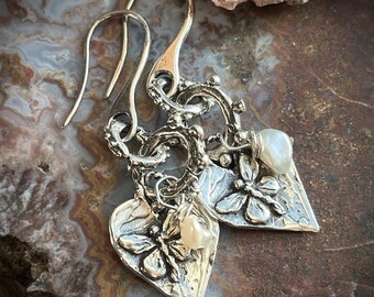 Sterling Silver Butterfly heart pearl artisan earrings