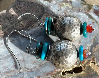 Hill Tribe Silver turquoise mystic carnelian earrings