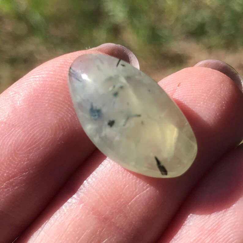 Prehnite Cabochon elongated teardrop semiprecious gemstone natural colors 21mm X 12mm