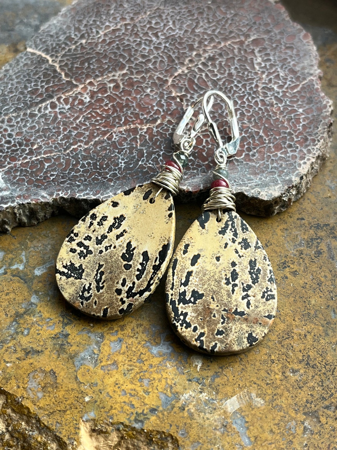 Picture Jasper Earrings Sterling Silver Simple Dangle Etsy