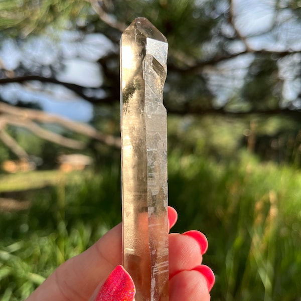 Long Smoky Quartz wand shape crystal point with chlorite phantom Brazil