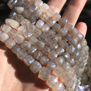 Pearl and Gray Chalcedony beads faceted cubes semiprecious gemstones