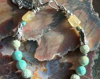 Yellow and Turquoise Gemstone bracelet sterling silver 7 7/8 inches