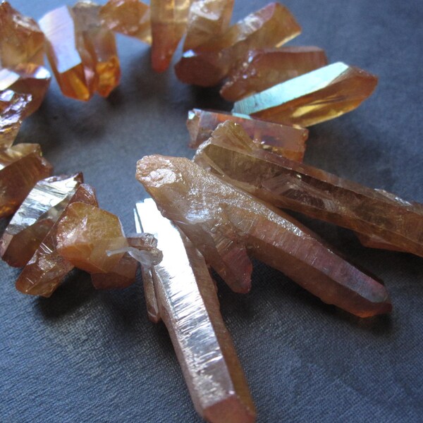 Tangerine Aura Quartz - collection of small top drilled raw cut crystals - 18 stone beads