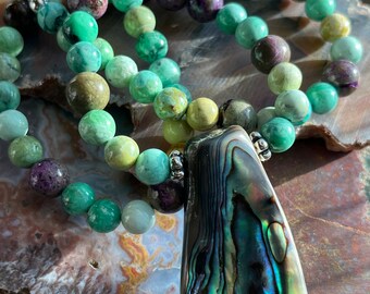 Abalone Shell Necklace with Turquoise and Atlantasite gemstones