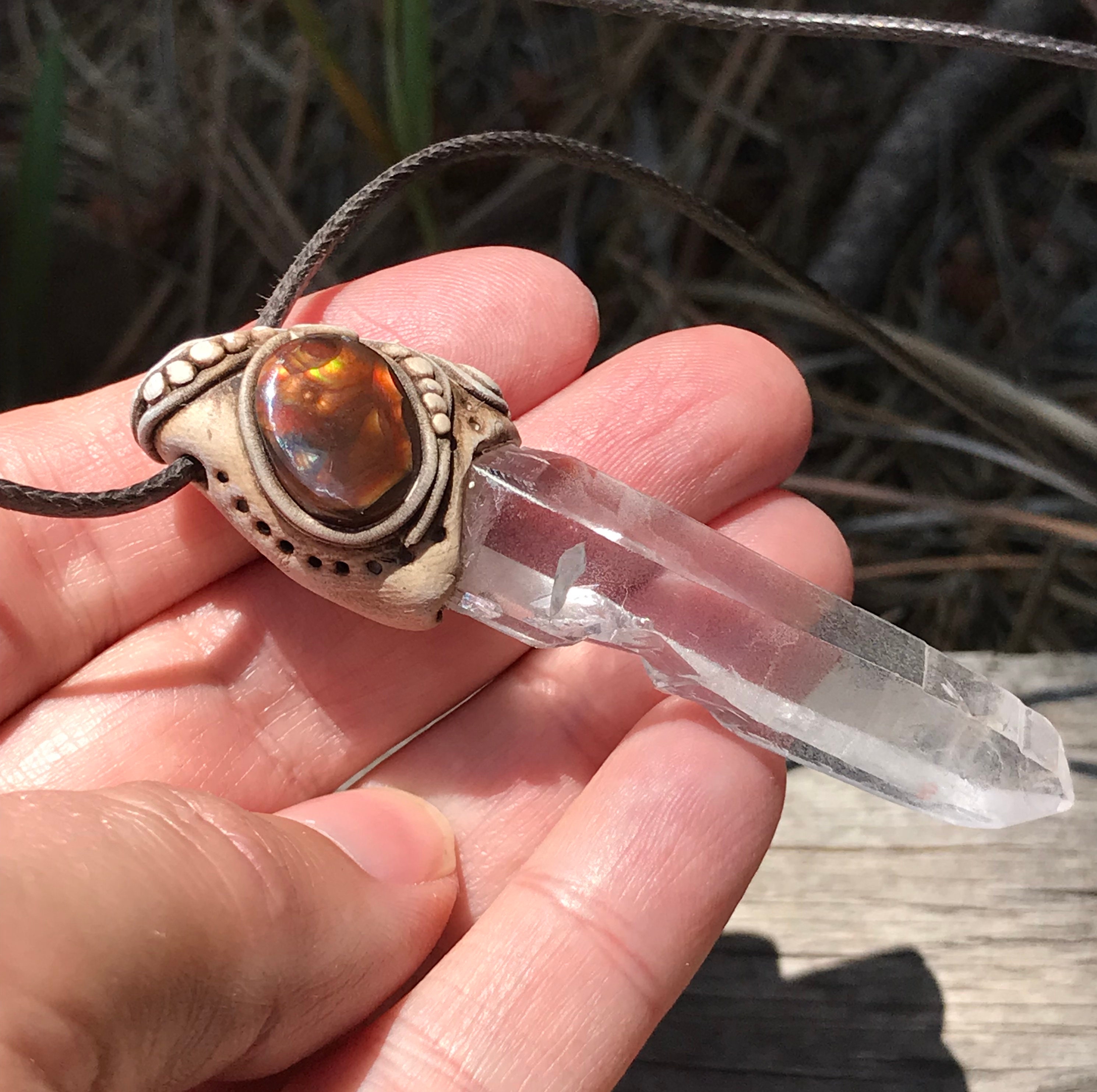 Quartz and Mexican Fire Agate Necklace Clay Woodland Fairy